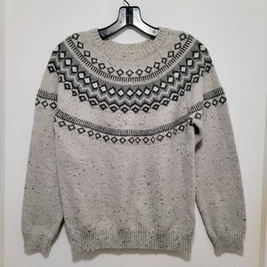 Classic Ladies Fairisle Raglan Sweater Light Grey Crew Neck Geometric Womens M